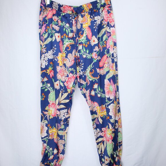 JOHNNY WAS Women's Blue Floral Silk Satin Jogger Elastic Pant Pockets Size Med - Picture 1 of 8